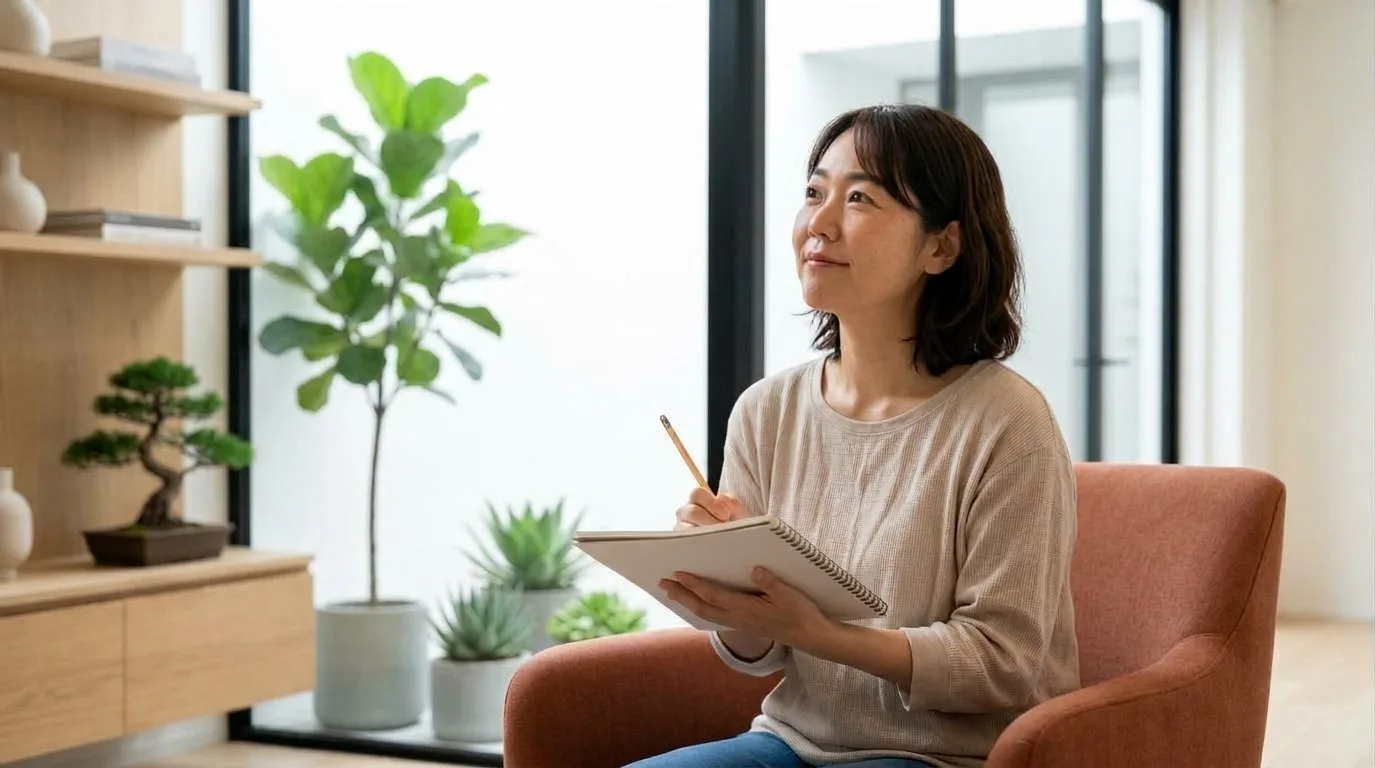 ノートと鉛筆を手に、申し込む前に聞いておきたいことを考えている女性