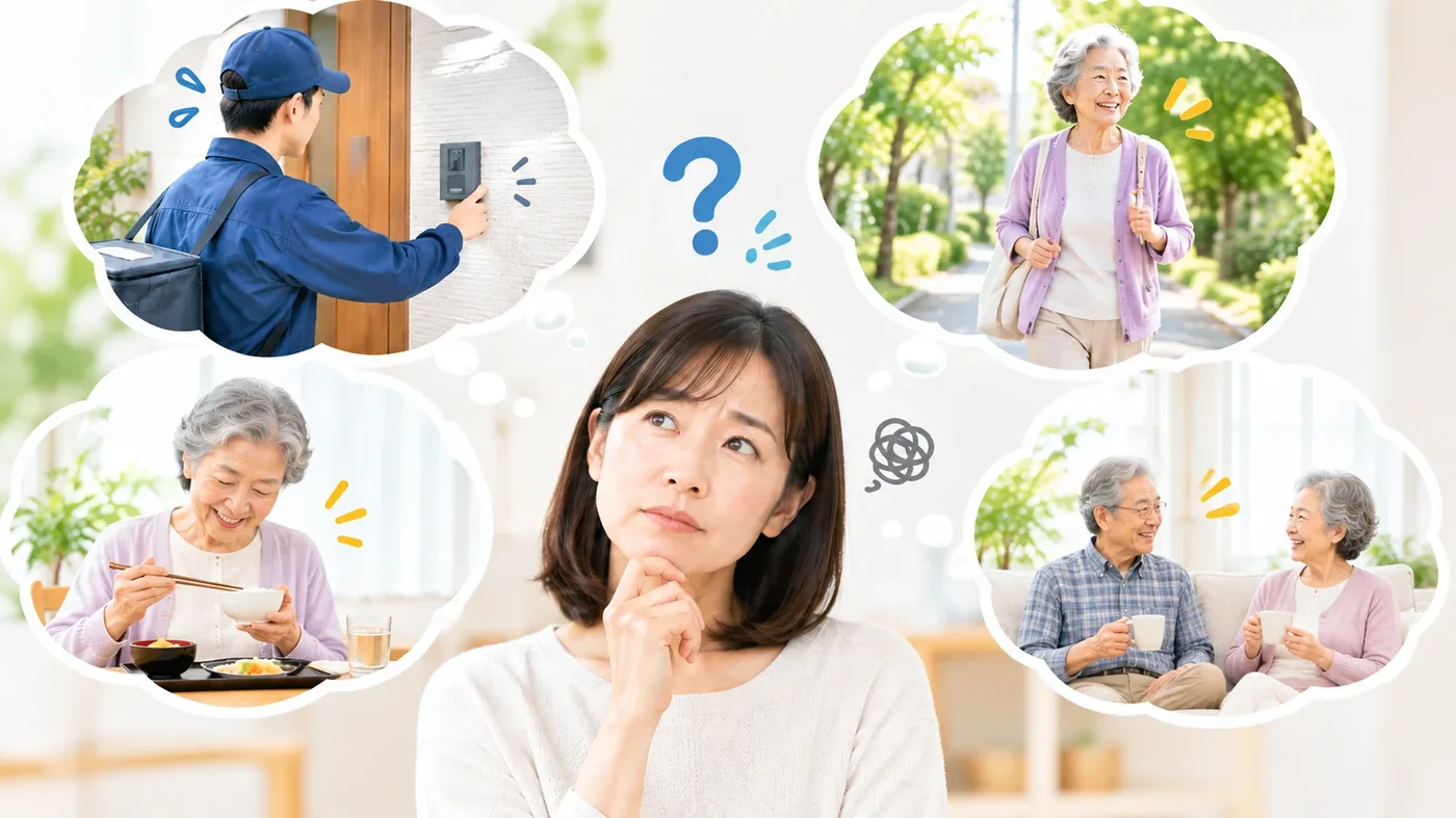 離れて暮らす娘が、配達の人が来たとき、散歩に出かけているとき、食事をしているとき、夫婦でお茶を飲んでいるときなど、親の一日のさまざまな場面を思い浮かべている