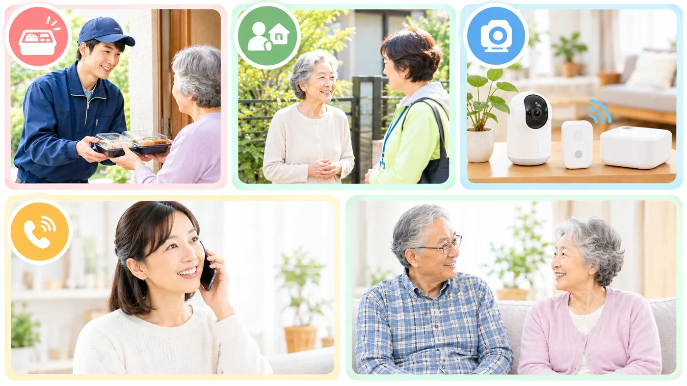 見守りの方法の例。お弁当を手渡しする配達の人、自宅を訪ねてくる地域の人、カメラやセンサーなどの見守り機器、電話をかける家族、笑顔で話す高齢の夫婦