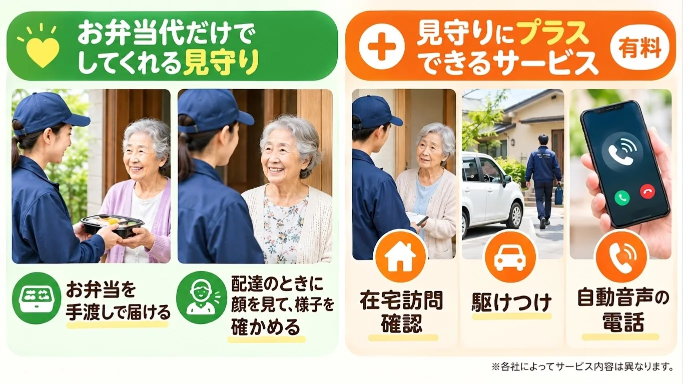 お弁当代だけでしてくれる見守りは「お弁当を手渡しで届ける」「配達のときに顔を見て、様子を確かめる」の2つ。見守りにプラスできる有料のサービスは「在宅訪問確認」「駆けつけ」「自動音声の電話」の3つ。各社によってサービス内容は異なります