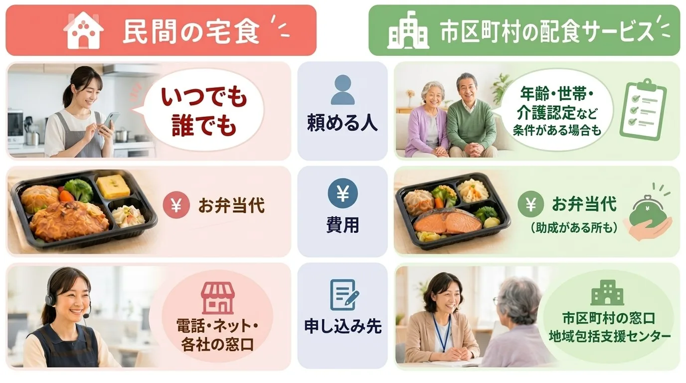 民間の宅食と市区町村の配食サービスのくらべ。頼める人は、民間の宅食が「いつでも誰でも」、市区町村が「年齢・世帯・介護認定など条件がある場合も」。費用は、民間の宅食が「お弁当代」、市区町村が「お弁当代（助成がある所も）」。申し込み先は、民間の宅食が「電話・ネット・各社の窓口」、市区町村が「市区町村の窓口・地域包括支援センター」