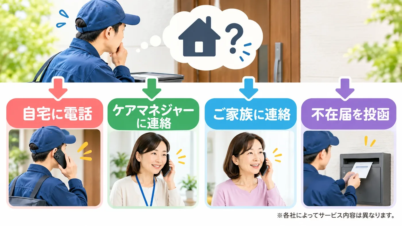 配達の人が玄関前で応答がなく困っている。その後の対応の例は「自宅に電話」「ケアマネジャーに連絡」「ご家族に連絡」「不在届を投函」の4つ。各社によってサービス内容は異なります