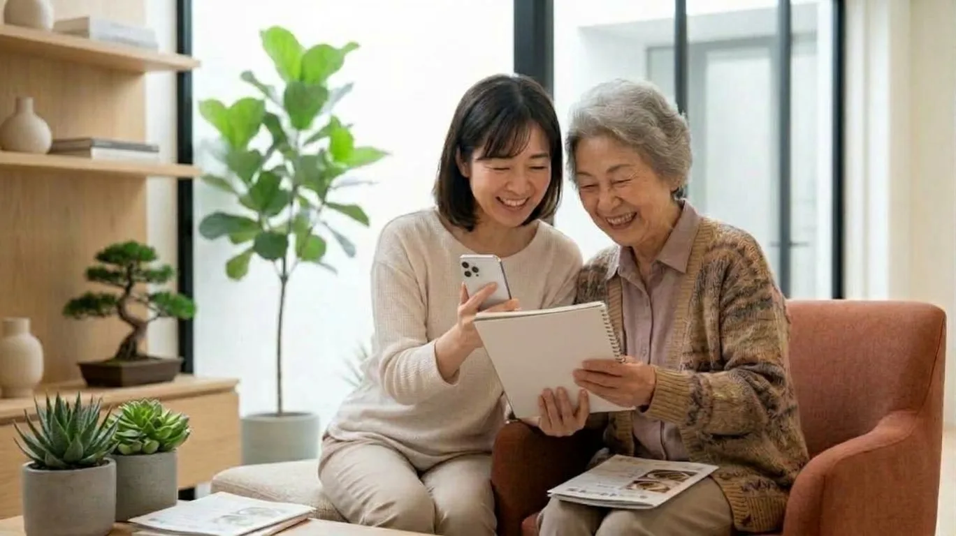 娘と高齢の母がソファに並んで座り、スマートフォンと冊子を一緒に見ながら笑っている