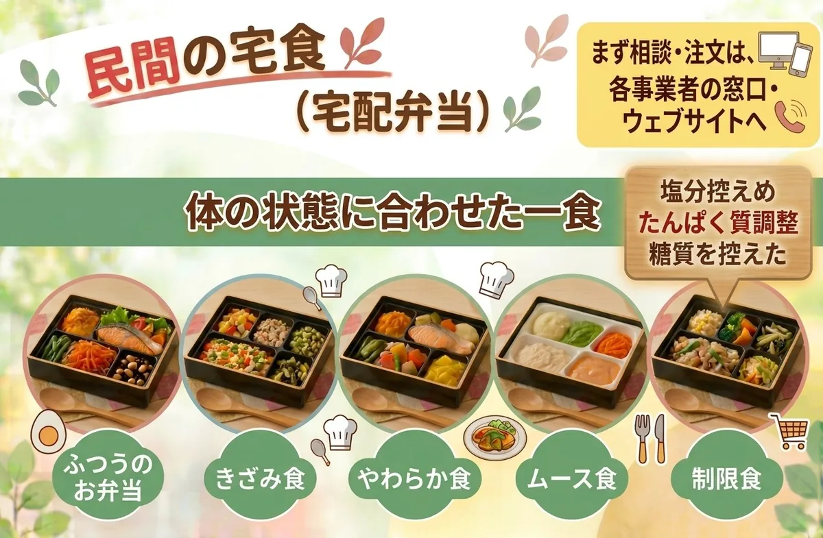 民間の宅食（宅配弁当）の説明図。「体の状態に合わせた一食」として、ふつうのお弁当・きざみ食・やわらか食・ムース食・制限食（塩分控えめ・たんぱく質調整・糖質を控えた）の5つのお弁当が並ぶ。相談・注文は各事業者の窓口・ウェブサイトへ、と書かれている。