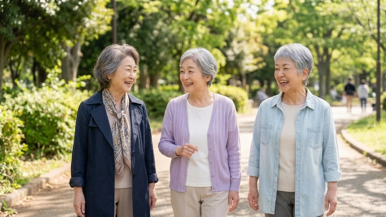 新緑の公園を、笑いながら並んで歩く3人の高齢の女性