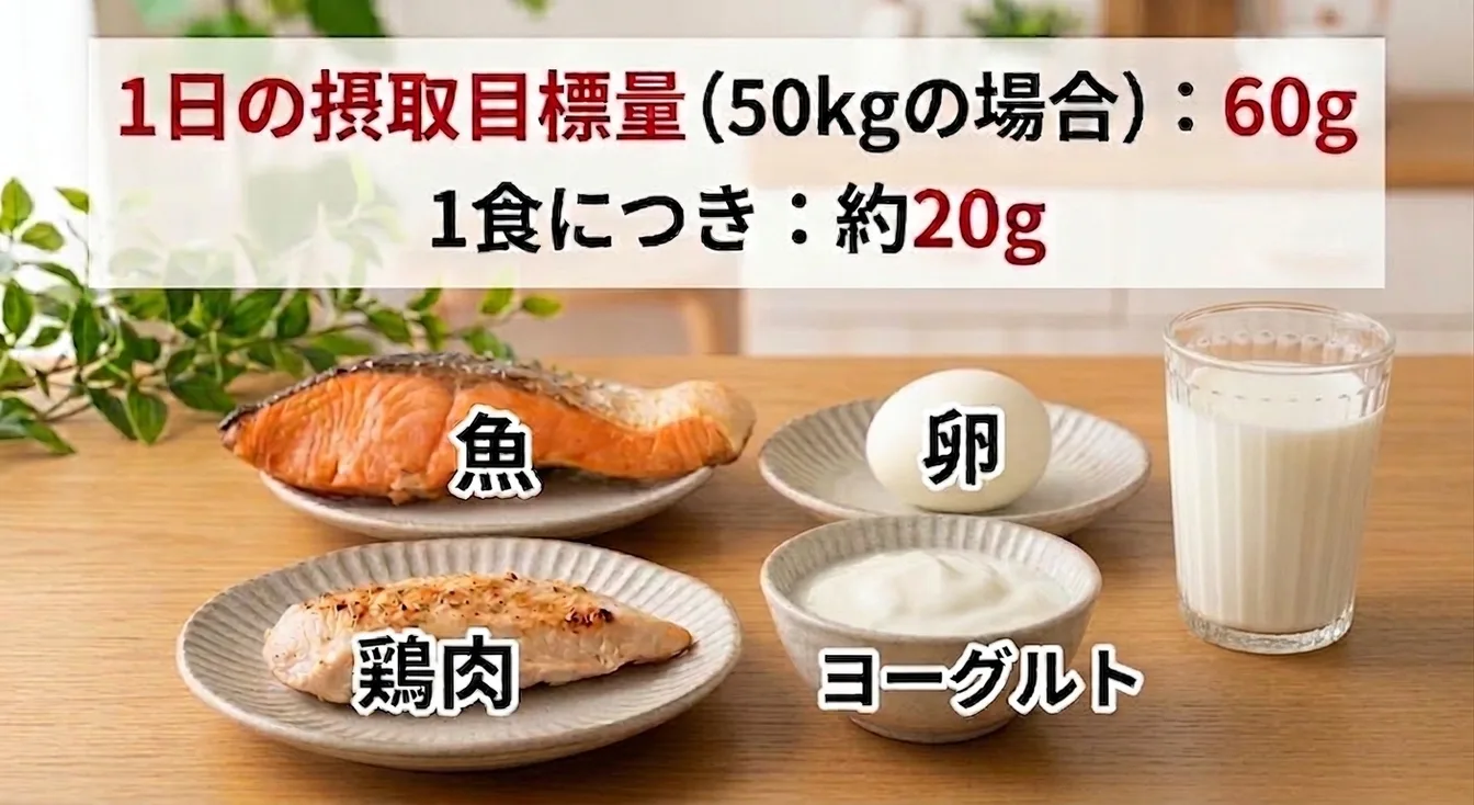 体重50kgの場合、1日のたんぱく質の目標量は60g、1食あたり約20g。魚・鶏肉・卵・ヨーグルト・牛乳が食卓に並んだ写真
