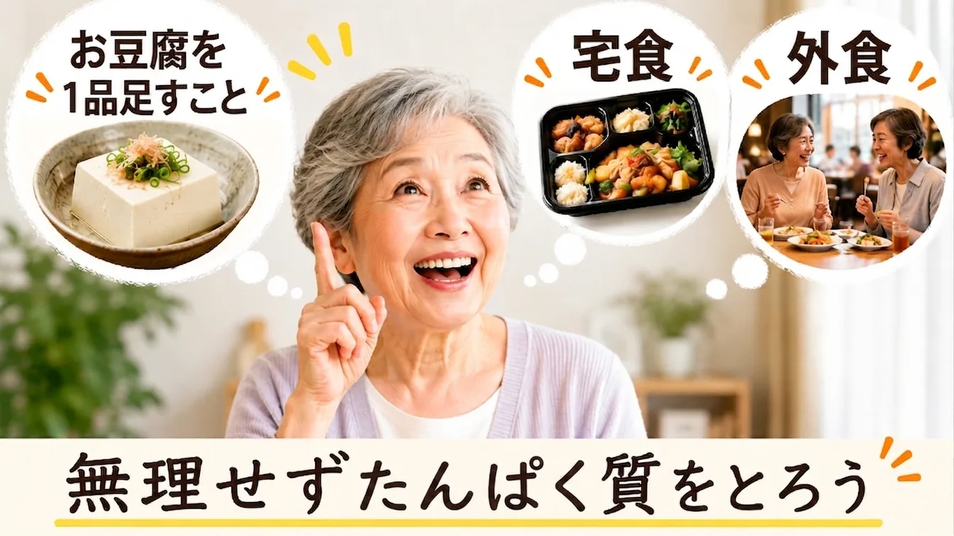 豆腐を一品足す、宅食を使う、外食を楽しむ。無理せずたんぱく質をとる3つの方法を思い浮かべている高齢の女性