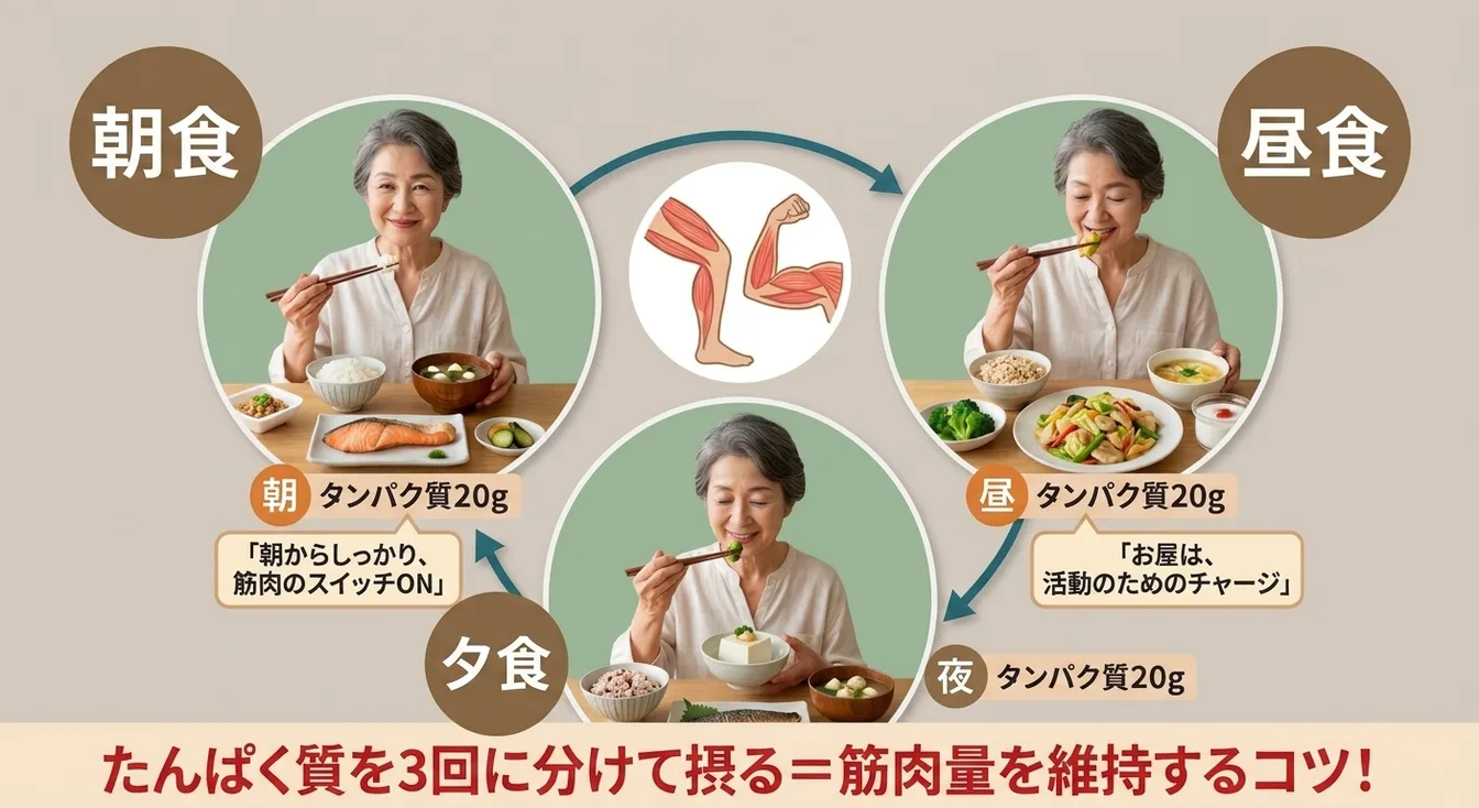 朝食・昼食・夕食のそれぞれでたんぱく質を20gずつとる様子。3回に分けてとることが筋肉量を維持するコツだと示した図